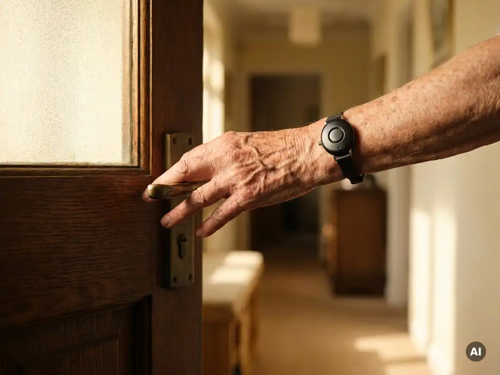 Verouderde hand met persoonlijk alarmpendant bij houten voordeur, vingers op de deurklink in warm middaglicht.