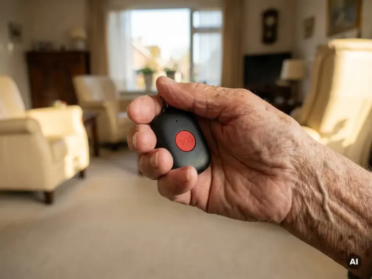 Oudere hand met zichtbare aderen houdt een zwart persoonlijk alarm met SOS-knop vast in een Nederlandse woonkamer.