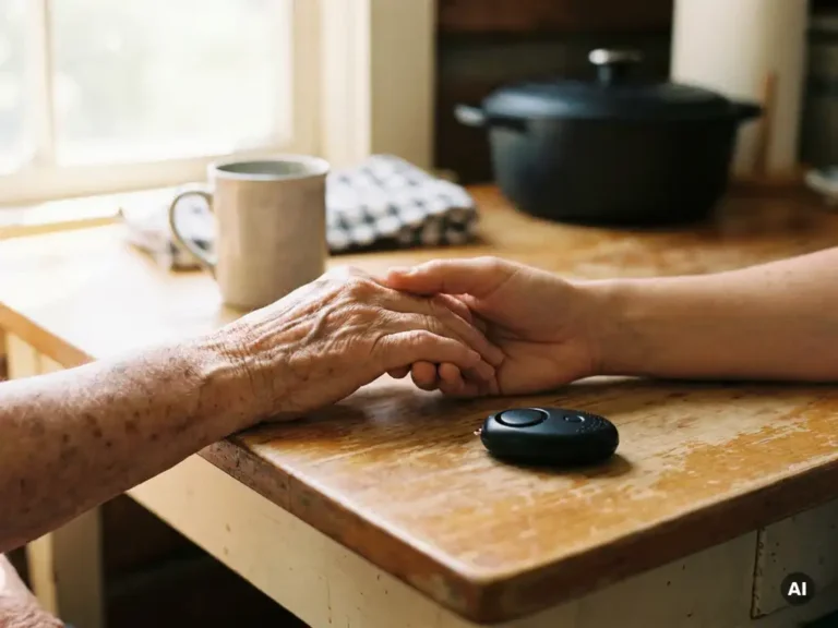 Bejaarde hand met zichtbare aders rust op jongere hand aan houten tafel, persoonlijk alarmeringsapparaat ernaast, warm middaglicht.