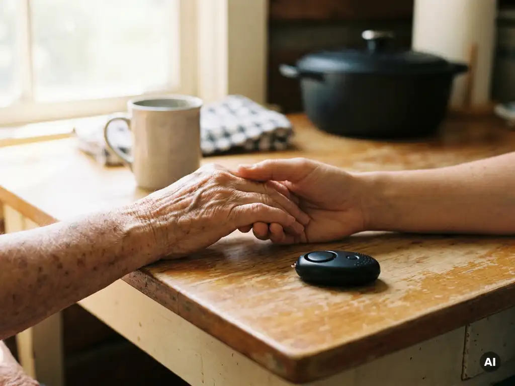 Bejaarde hand met zichtbare aders rust op jongere hand aan houten tafel, persoonlijk alarmeringsapparaat ernaast, warm middaglicht.