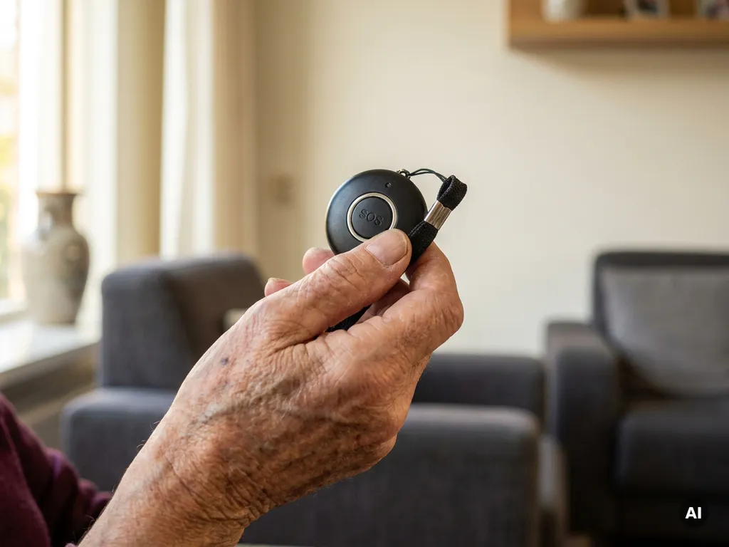 Bejaarde hand met rimpels en ouderdomsvlekken die een zwart SOS-persoonlijk alarm pendant vasthoudt in warm daglicht.