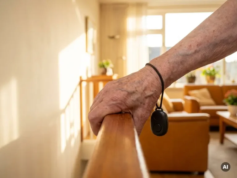 Oudere hand met rimpels en leeftijdsvlekken op trapleuning, persoonlijk alarmpendant zichtbaar, warm daglicht in Nederlandse woning.