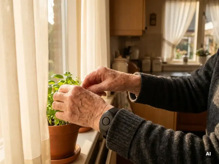 Oudere handen verzorgen een kruidenplant op een zonnig keukenvensterbank, met een persoonlijk alarmeringshorloge om de pols.