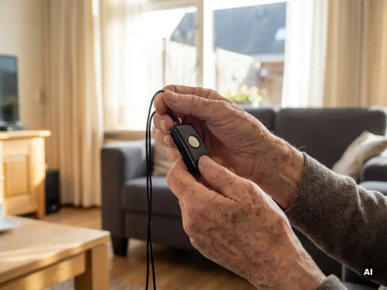 Bejaarde handen houden een zwart persoonlijk alarmpendant vast in een lichte Nederlandse woonkamer.