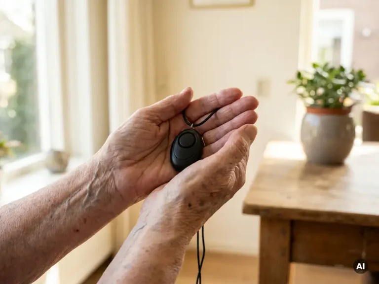 Oudere handen met zichtbare aderen en leeftijdsvlekken die een zwart persoonlijk alarmpendant vasthouden in een lichte Nederlandse woning.