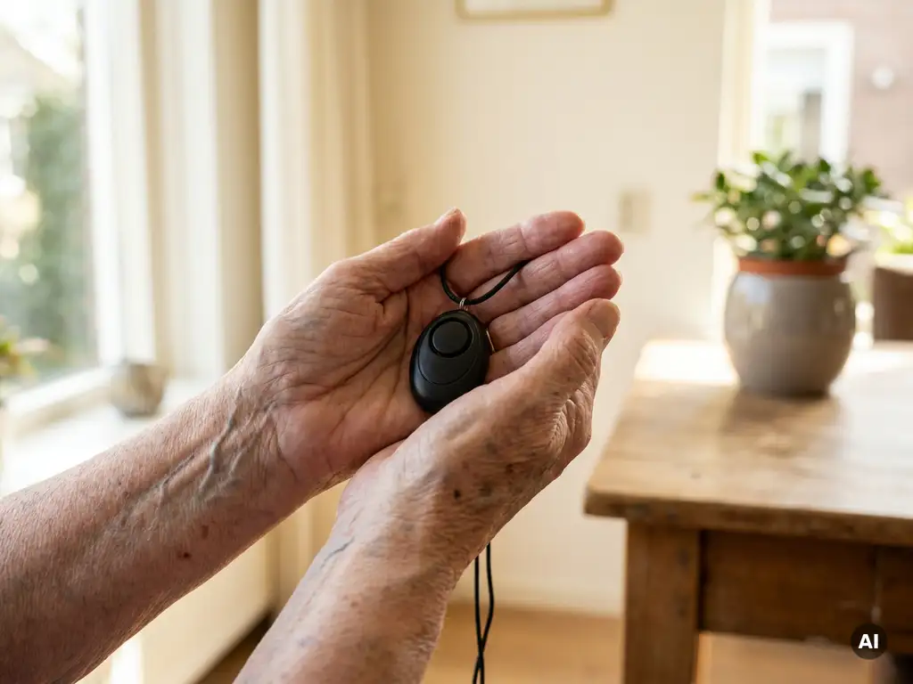 Oudere handen met zichtbare aderen en leeftijdsvlekken die een zwart persoonlijk alarmpendant vasthouden in een lichte Nederlandse woning.