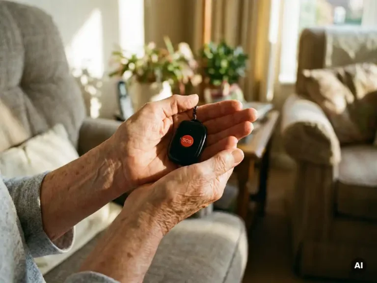 Oudere handen met zichtbare aderen houden een zwart persoonlijk alarmpendant vast, met de SOS-knop zichtbaar, in warm daglicht.
