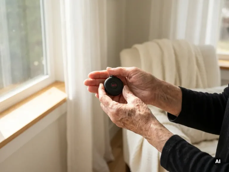 Oudere handen met leeftijdsvlekken houden een zwart persoonlijk alarm met zichtbare SOS-knop vast, verlicht door warm daglicht.