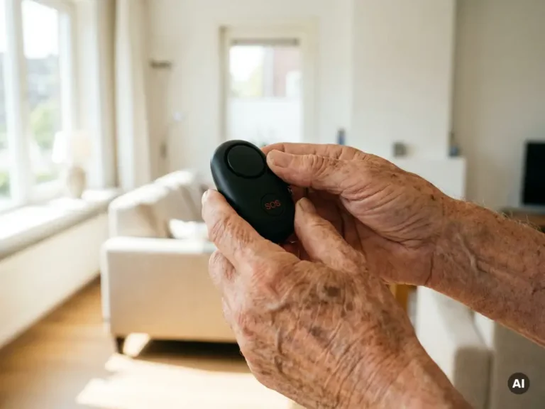 Oudere handen met zichtbare aderen houden een zwart persoonlijk alarmeringsapparaat vast met de SOS-knop zichtbaar, lichte woonkamer op de achtergrond.