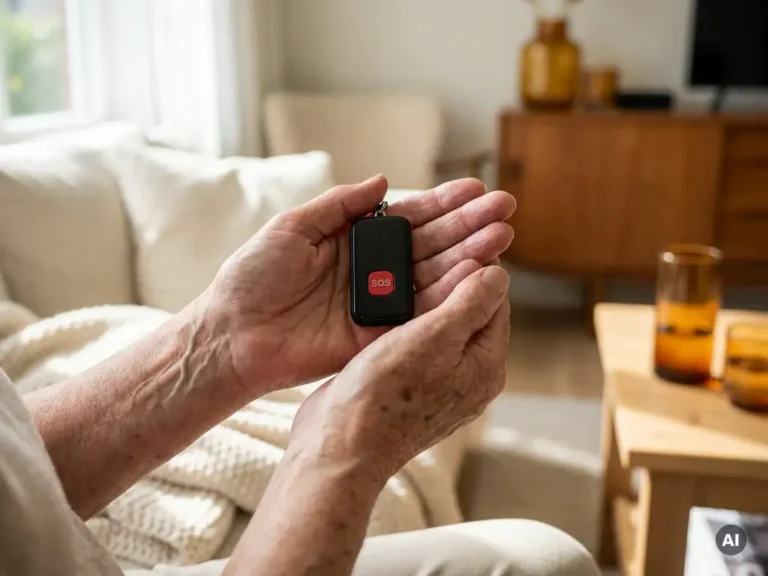 Oudere handen met zichtbare aderen houden een zwart persoonlijk alarm met SOS-knop vast in een zonnige Nederlandse woonkamer.