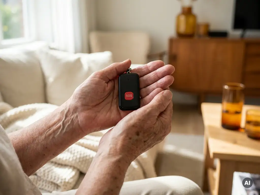 Oudere handen met zichtbare aderen houden een zwart persoonlijk alarm met SOS-knop vast in een zonnige Nederlandse woonkamer.