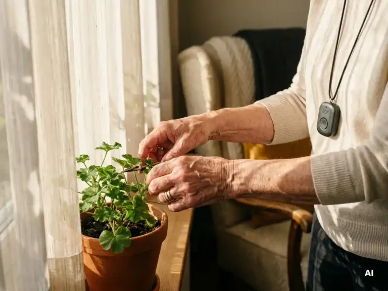 Oudere handen verzorgen een kamerplant op een zonnig vensterbank, met een zwart SOS-alarmpendant om de nek.