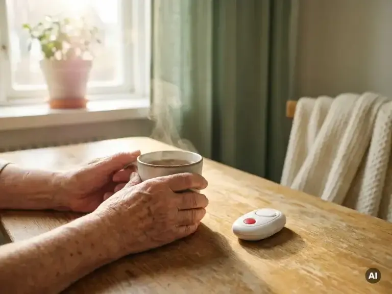 Oudere handen omvatten een warme kop thee aan een zonnige keukentafel, met een persoonlijk alarmsysteem zichtbaar op het houten oppervlak.
