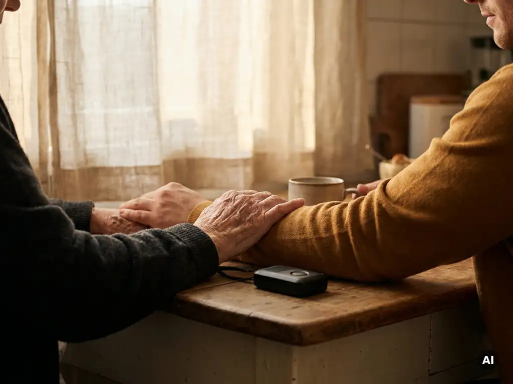 Oudere hand met zichtbare aderen rust zacht op de arm van een familielid aan een keukentafel, met een persoonlijk alarm nabij.
