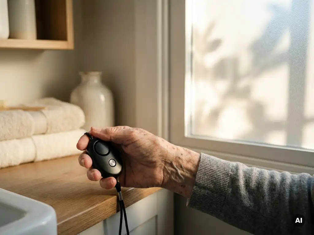 Bejaarde hand met zichtbare aderen houdt zwart persoonlijk alarmpendant vast bij zonnig badkamerraam.