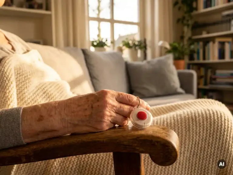 Oudere hand met leeftijdsvlekken houdt een persoonlijk alarmpendant vast in een warme Nederlandse woonkamer.