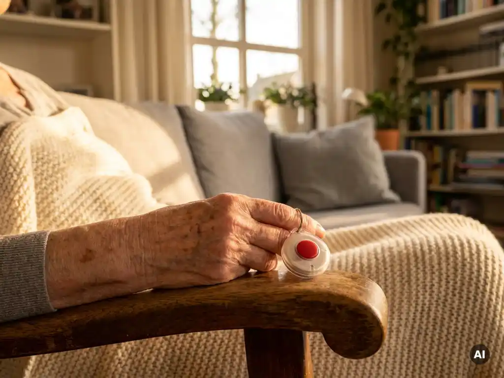 Oudere hand met leeftijdsvlekken houdt een persoonlijk alarmpendant vast in een warme Nederlandse woonkamer.