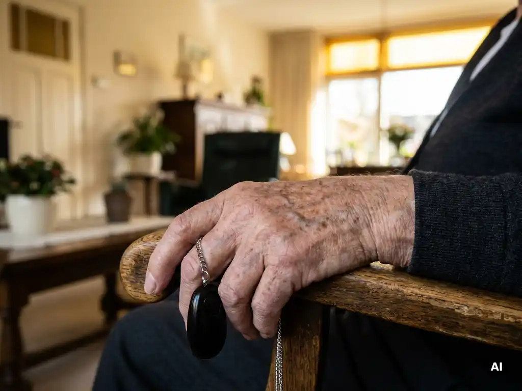 Oudere hand op houten armleuning met een zwart persoonlijk alarmpendant tussen de vingers, zachte daglichtsfeer.