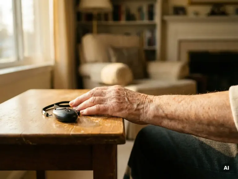 Verweerde hand van een oudere persoon naast een persoonlijk alarmpendant op een houten bijzettafel in warm middagzonlicht.