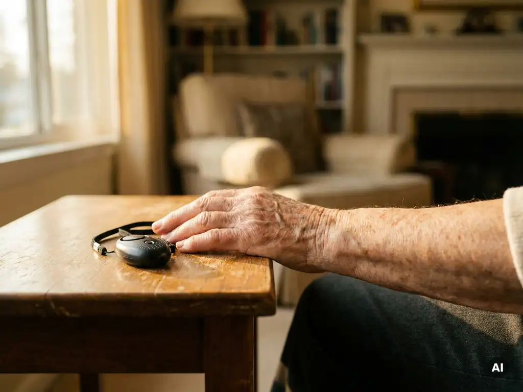 Verweerde hand van een oudere persoon naast een persoonlijk alarmpendant op een houten bijzettafel in warm middagzonlicht.