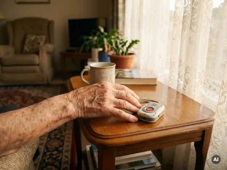 Verouderde hand van een oudere persoon naast een persoonlijk alarmpendant op een houten bijzettafel in warm ochtendlicht.