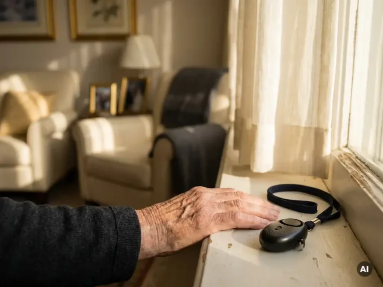 Verweerde hand van een oudere persoon op een vensterbank naast een zwart persoonlijk alarmpendant in warm ochtendlicht.