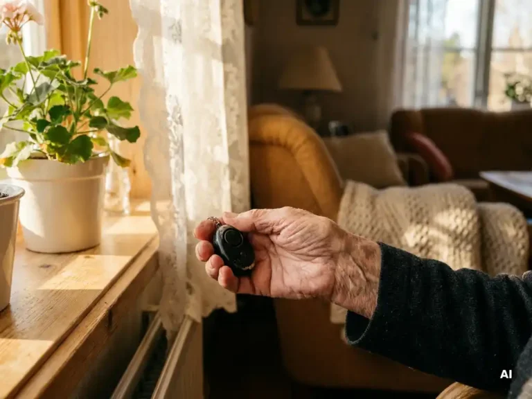 Bejaarde hand met zichtbare aderen houdt een zwart persoonlijk alarmpendant vast op een zonnig vensterbank in een Nederlandse woning.