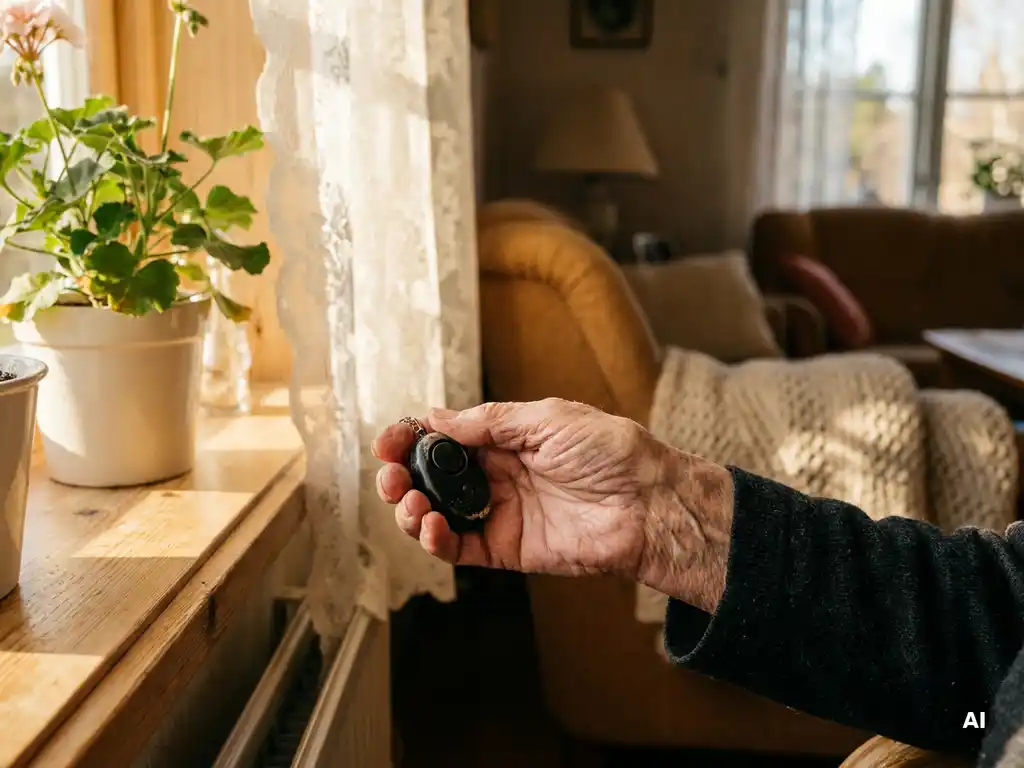 Bejaarde hand met zichtbare aderen houdt een zwart persoonlijk alarmpendant vast op een zonnig vensterbank in een Nederlandse woning.