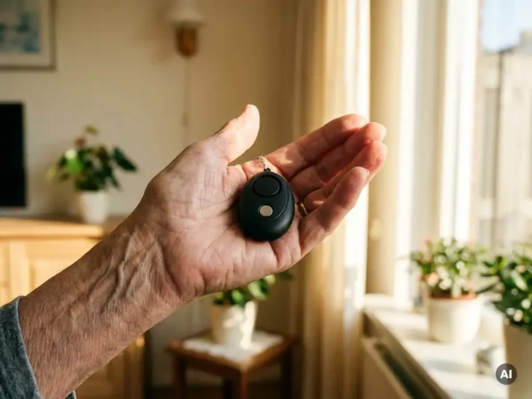 Oudere hand met zichtbare aderen houdt een zwart persoonlijk alarmpendant vast bij een zonnig raam in een Nederlandse woning.