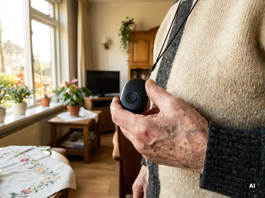 Oudere hand met rimpels en aderen houdt een zwart persoonlijk alarmpendant vast bij een zonnig raam in een gezellig Nederlands interieur.