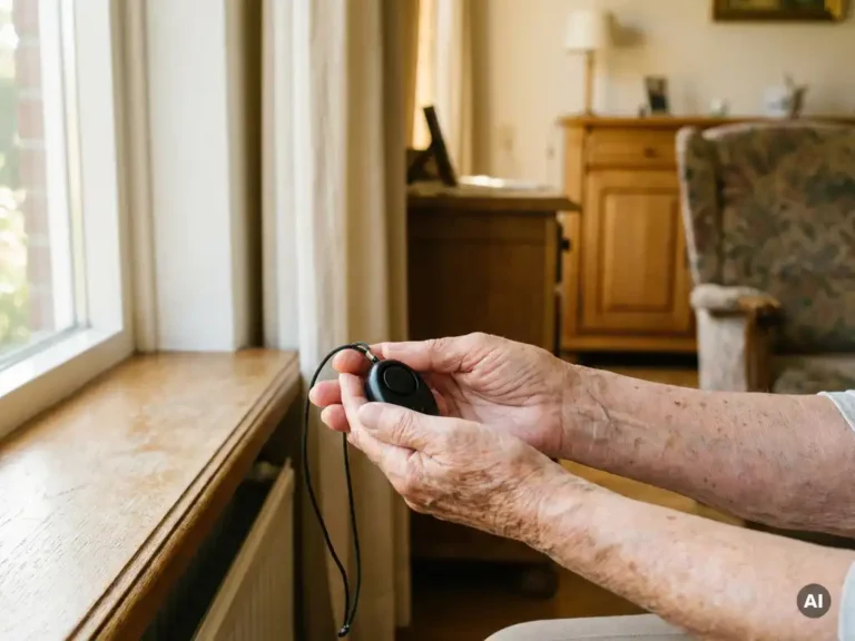 Oudere handen met zichtbare aderen houden een zwart persoonlijk alarmpendant vast bij een zonnig raam in een Nederlandse woonkamer.