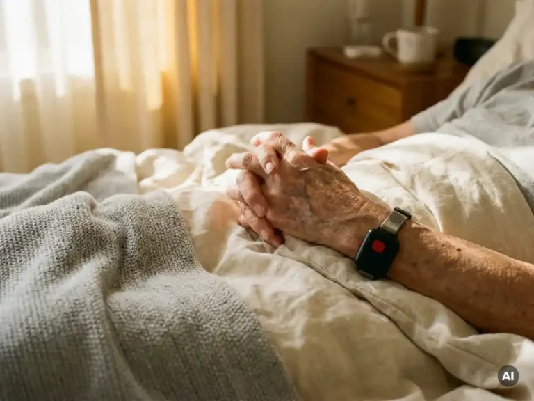 Oudere handen met leeftijdsvlekken op wit beddengoed, met een zwart persoonlijk alarmsysteem zichtbaar aan de pols.