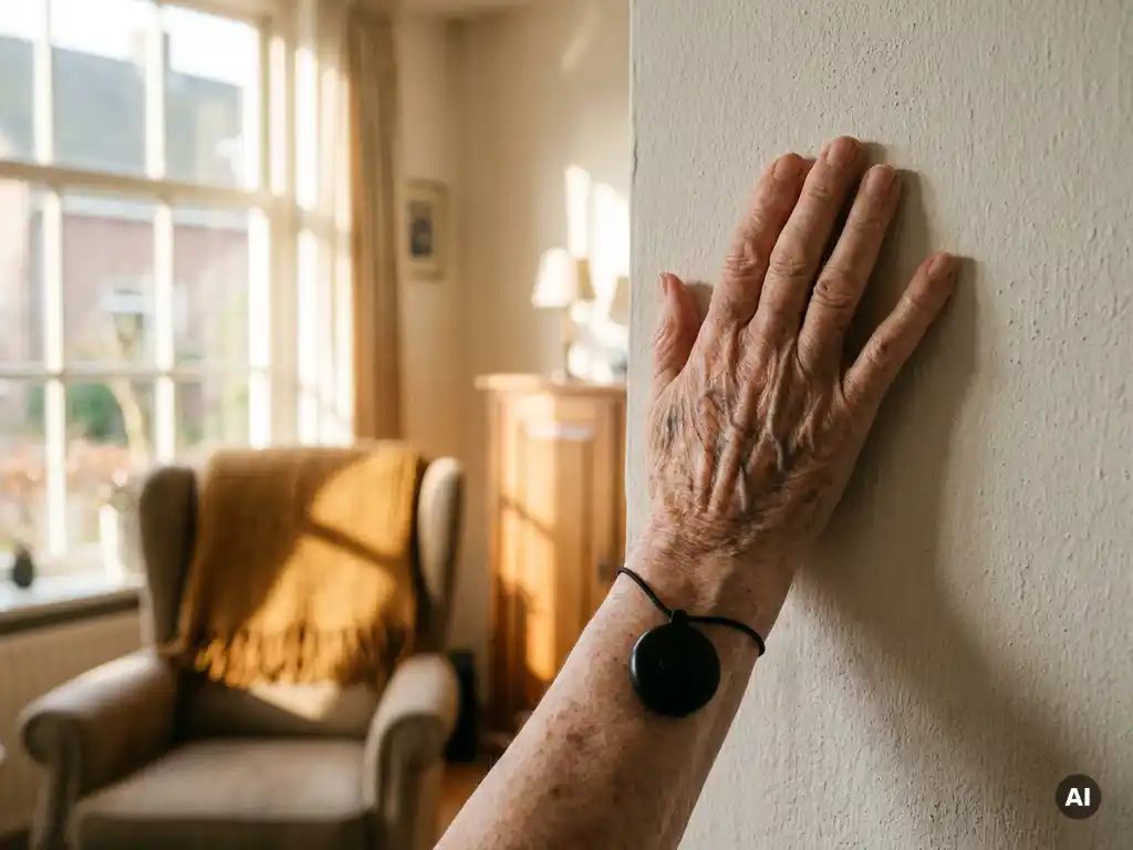Oudere hand steunt tegen muur tijdens struikelmoment, met zwart persoonlijk alarmpendant om de pols, in lichte Nederlandse woonkamer.