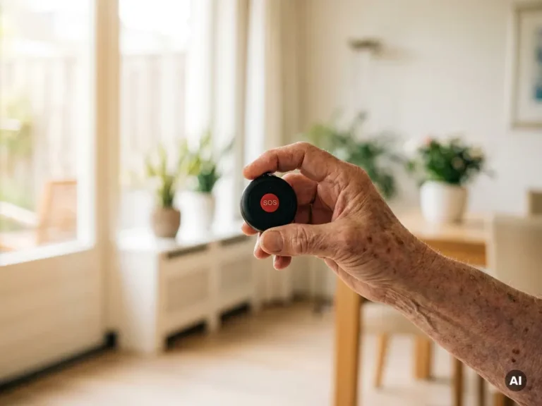 Bejaarde hand met leeftijdsvlekken houdt zwart persoonlijk alarmpendant vast met zichtbare SOS-knop, in lichte Nederlandse woning.