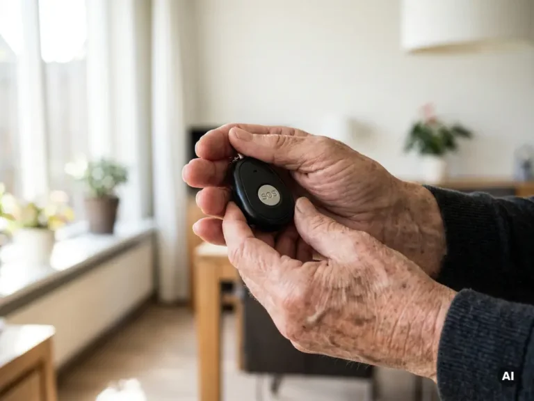 Oudere handen met zichtbare aderen houden een zwart persoonlijk alarm met SOS-knop vast in een lichte Nederlandse woning.