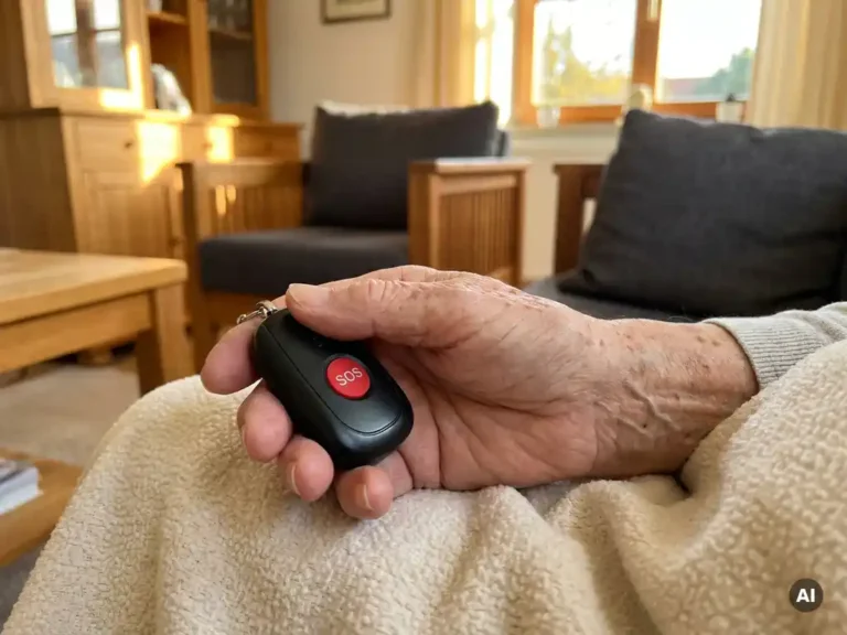 Oudere hand met rimpels en leeftijdsvlekken houdt een zwart persoonlijk alarmpendant met SOS-knop vast in warm natuurlijk daglicht.