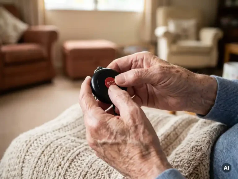 Oudere handen met zichtbare aderen houden een zwart persoonlijk alarmpendant vast, vinger op de SOS-knop, zachte daglichtsfeer.