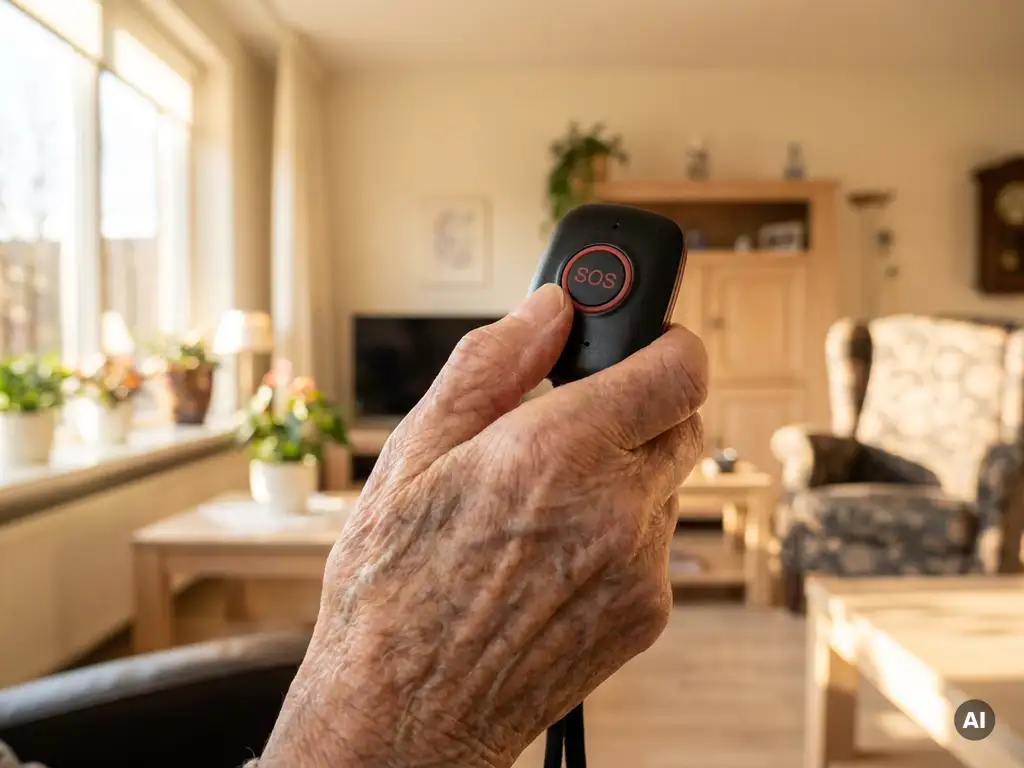 Oudere hand met leeftijdsvlekken die op de SOS-knop van een zwart persoonlijk alarmpendant drukt, warm daglicht op de achtergrond.