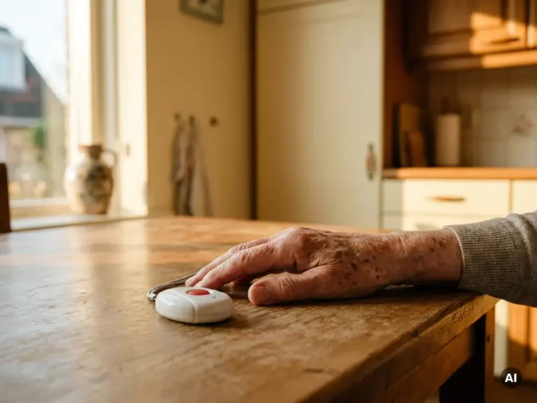 Verweerde hand van een oudere persoon op houten keukentafel met persoonlijk alarmsysteem, warm middaglicht in Nederlandse woning.