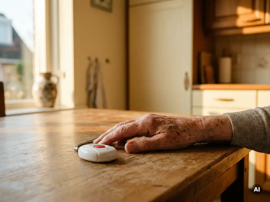 Verweerde hand van een oudere persoon op houten keukentafel met persoonlijk alarmsysteem, warm middaglicht in Nederlandse woning.