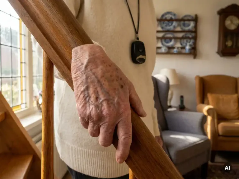 Oudere hand met zichtbare aderen op trapleuning, persoonlijk alarmpendant op borst, warm daglicht in Nederlandse woning.
