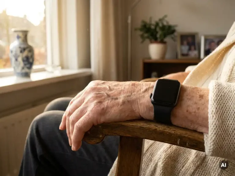 Oudere hand met zichtbare aderen en ouderdomsvlekken draagt een zwart smartwatch-alarmeringsapparaat in een zonnige Nederlandse woonkamer.