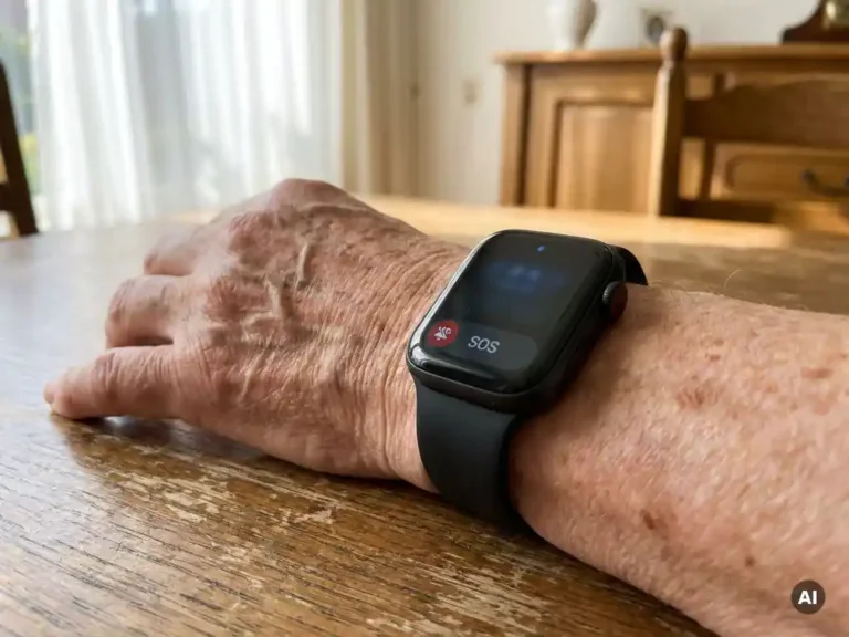Bejaarde hand met zichtbare aders en ouderdomsvlekken draagt een zwarte smartwatch met SOS-knop in lichte Nederlandse woning.