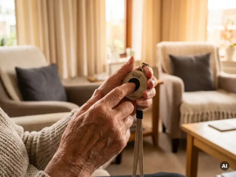 Oudere hand met rimpels en aderen die een zwart SOS-alarmpendant indrukt, warme woonkamer op de achtergrond.