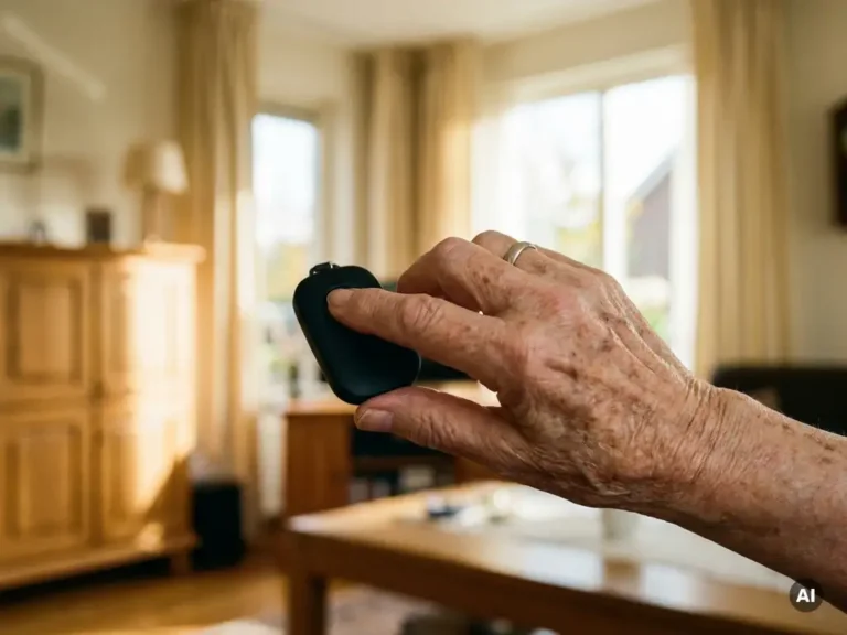 Oudere hand met zichtbare aderen drukt op een zwart SOS-alarmpendant, zachte natuurlijke belichting in Nederlandse woning op de achtergrond.