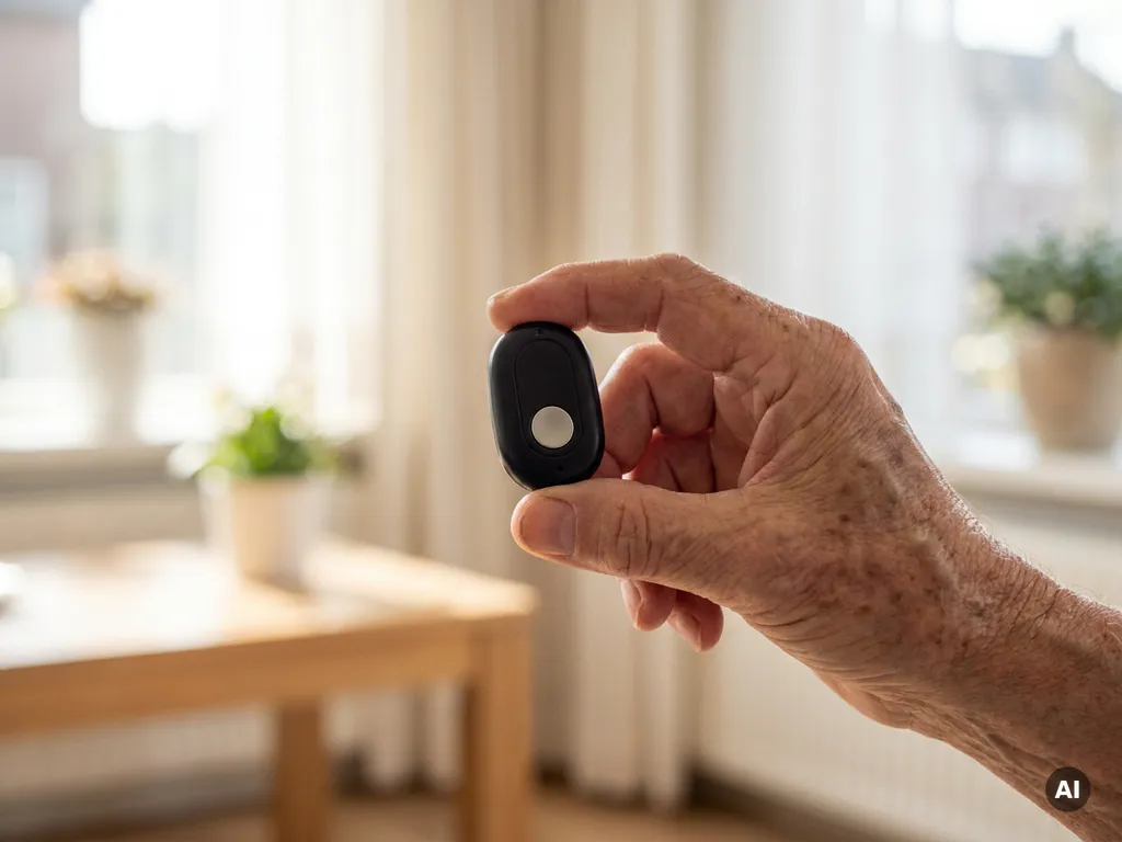 Bejaarde hand met leeftijdsvlekken die een zwart persoonlijk SOS-alarm draagt in een lichte Nederlandse woning.