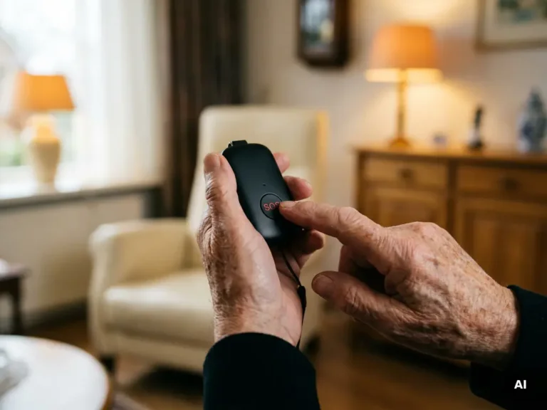 Oudere hand met zichtbare aderen drukt op SOS-knop van zwart persoonlijk alarmpendant in Nederlandse woonkamer.