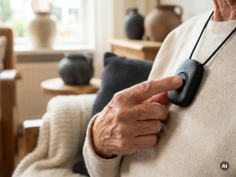 Oudere hand met zichtbare aderen en leeftijdsvlekken die een zwarte SOS-alarmknop indrukt, zachte natuurlijke belichting.