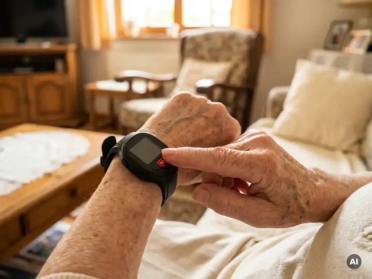 Oudere hand met zichtbare aderen die op de SOS-knop van een zwart persoonlijk alarmhorloge drukt, warm Nederlands interieur op de achtergrond.