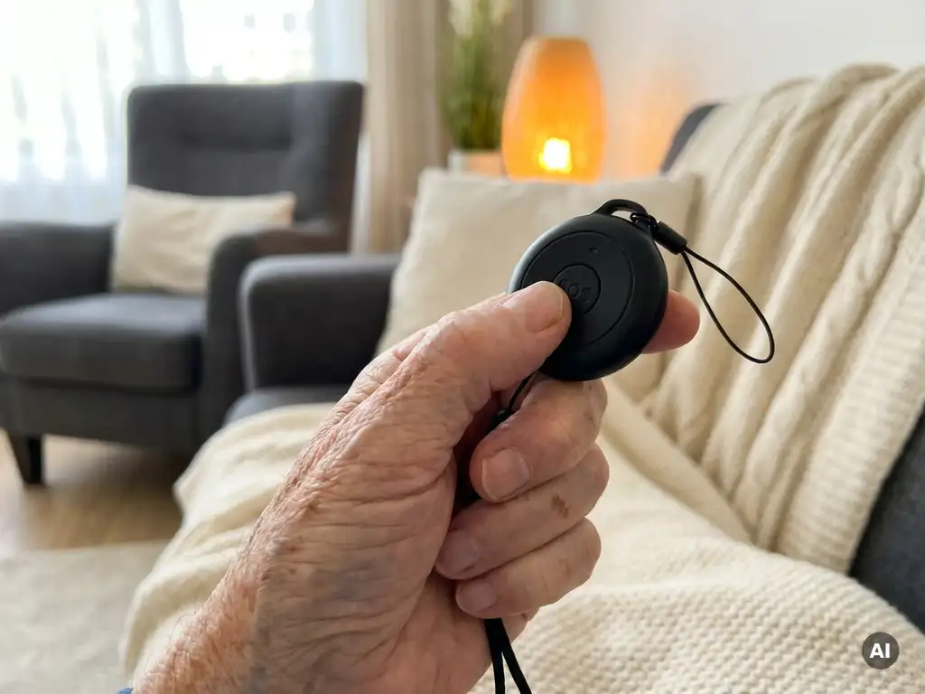 Bejaarde hand met leeftijdsvlekken die op een zwarte SOS-alarmknop drukt, warme woonkamerachtergrond wazig op de achtergrond.